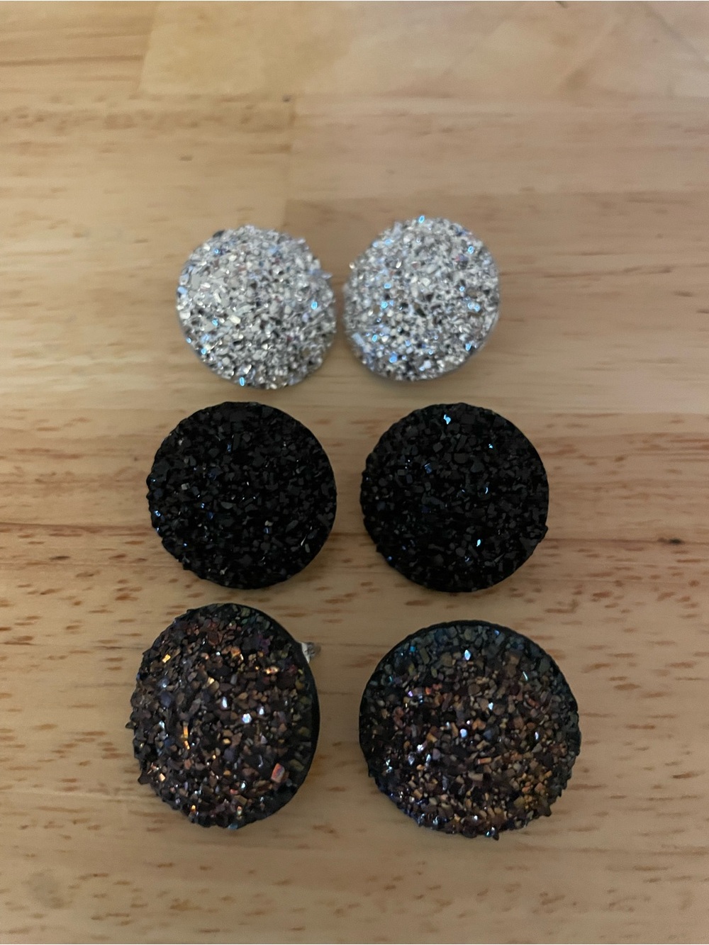 Set of 3 Sparkle Druzy Stud Earrings - Silver, Black, Brown Iridescent - Picture 1 of 5